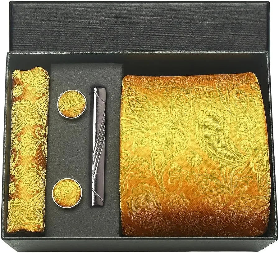 100% Silk Paisley Floral Necktie Set for Men - Premium Business Tie with Pocket Square Tie Clip Cufflinks Gift Box