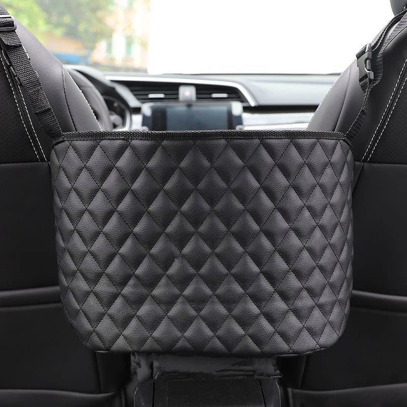Car Seat Middle Hanger Leather Storage Bag – Multifunction Hanging Organizer with Handbag Holder, Water Cup & Tissue Pockets