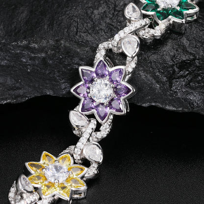 New Iced Out Moissanite Chain Necklace & Colorful Flower Bracelet – Hip Hop S925 Silver, 18K Plated Jewelry for Men & Women