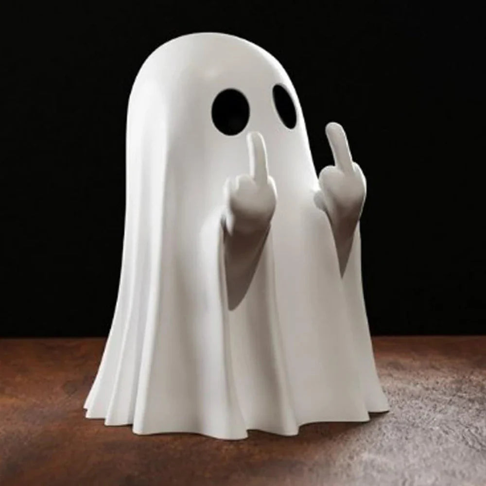 8.5cm White Cute Ghost Figurine — Halloween Desk & Shelf Decor with Black Bat, Kawaii Heart Ghost Mini Statue
