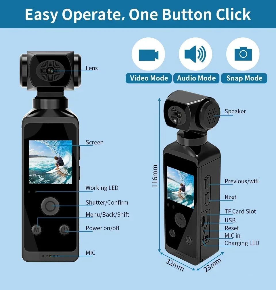 4K Ultra HD Pocket Action Camera — 270° Rotatable Vlog Sports Cam with WiFi, Waterproof Case & Helmet Mount