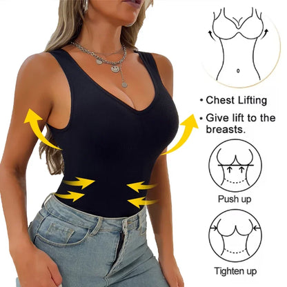 Women’s Sleeveless Shapewear Tank Top - V Neck Compression Body Shaper Shirt with Tummy Control & Wide Strap Support