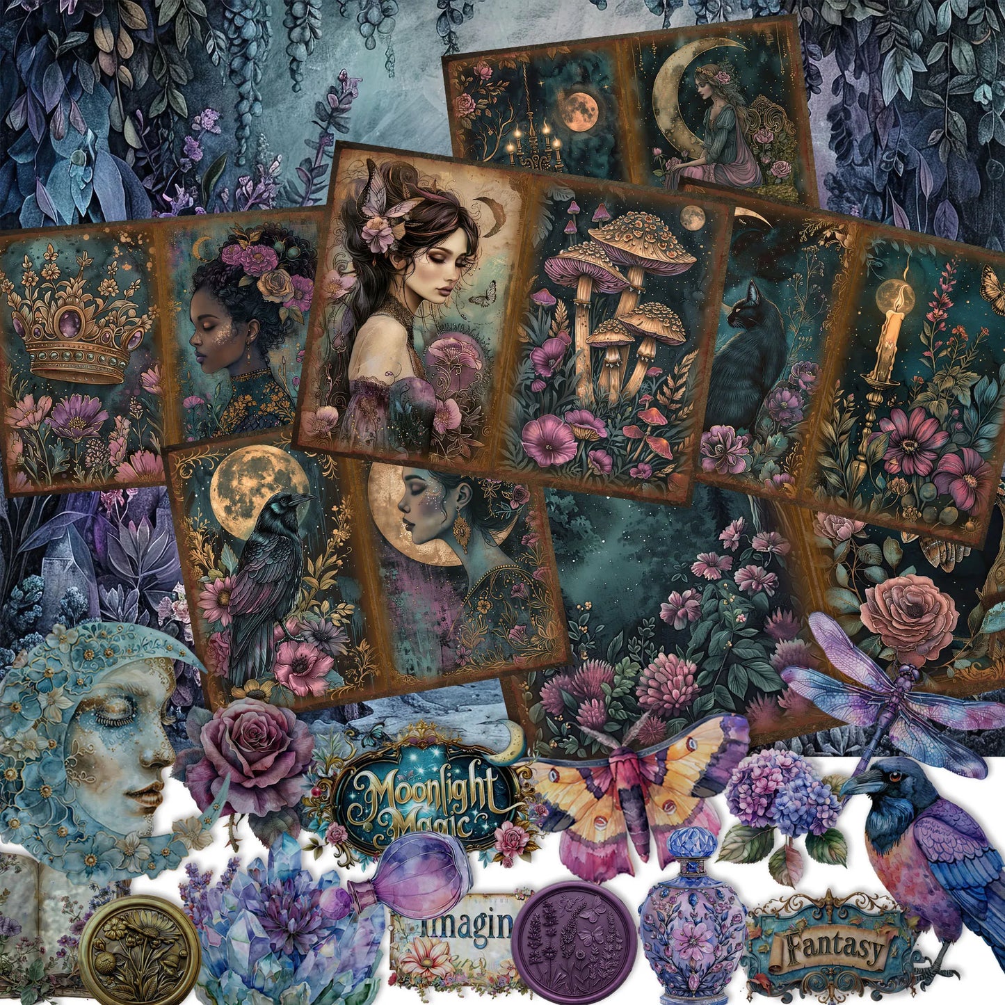 52 Piece Gothic Midnight Garden Scrapbook Set - Background Paper Pads & Stickers for Crafts, Holidays & Parties
