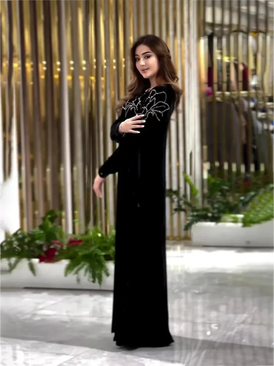 Women’s Eid Ramadan Velvet Abaya Dress 2026 – Diamond Embellished Dubai Jalabiya with Belt Muslim Party Gown