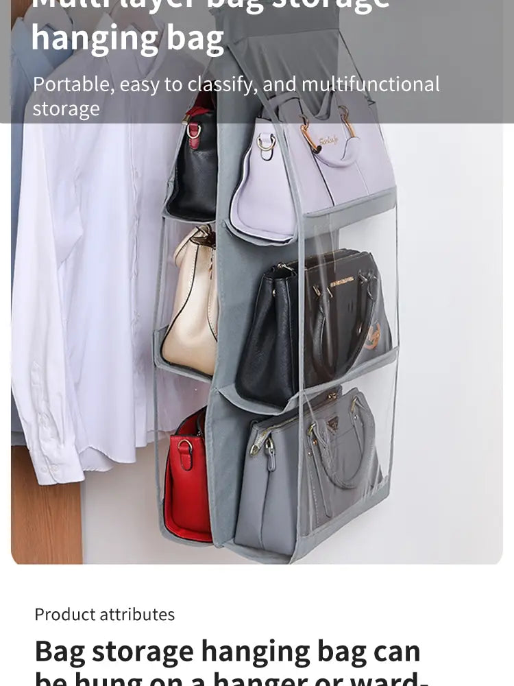 6-Pocket Hanging Handbag Organizer – Gray Waterproof Storage Bag with Hanger for Closet, Door & Wall