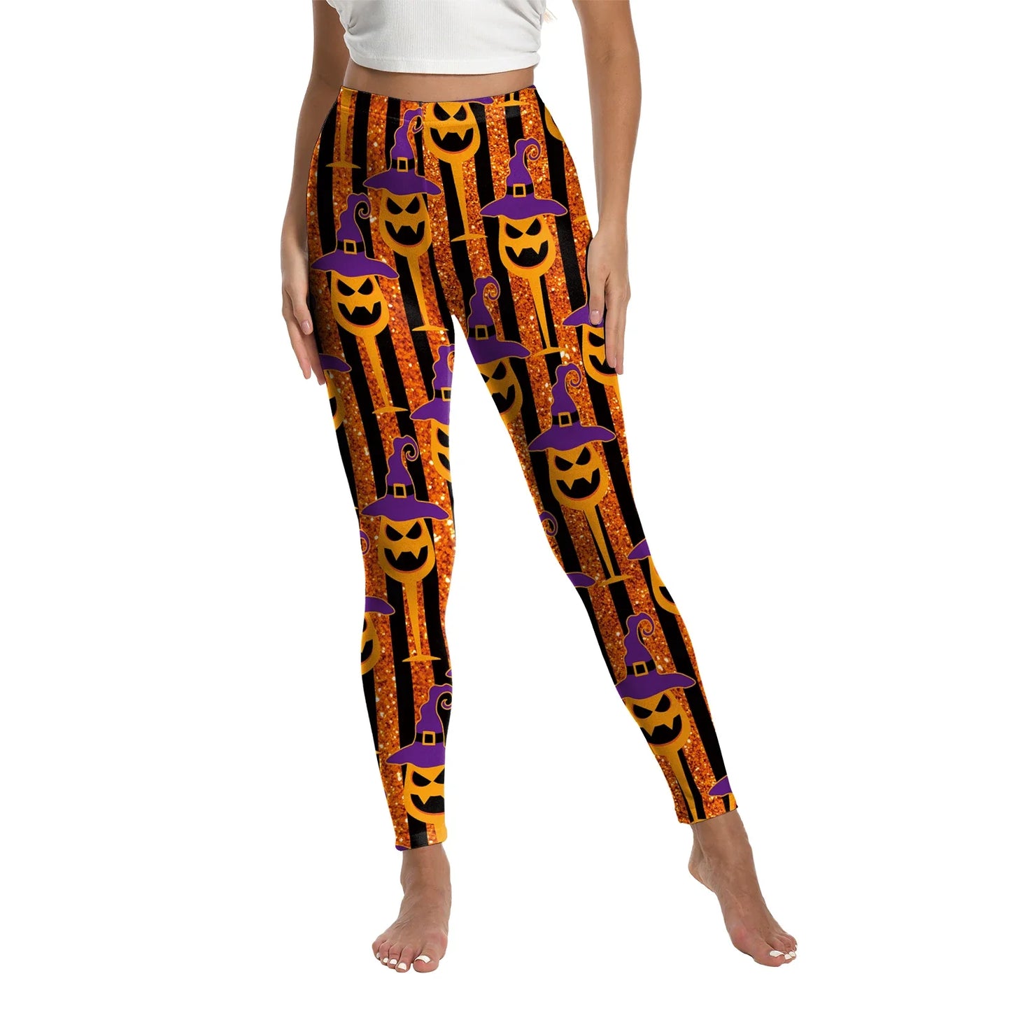 Women’s Halloween Leggings - Spooky Pumpkin Stripe Graphic Stretch Pants for Parties & Workouts
