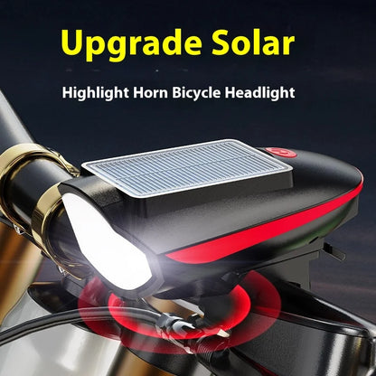 Solar Rechargeable Bicycle Headlight with Horn – USB Charging Bike Light for Mountain & Night Riding Outdoor Safety Lamp
