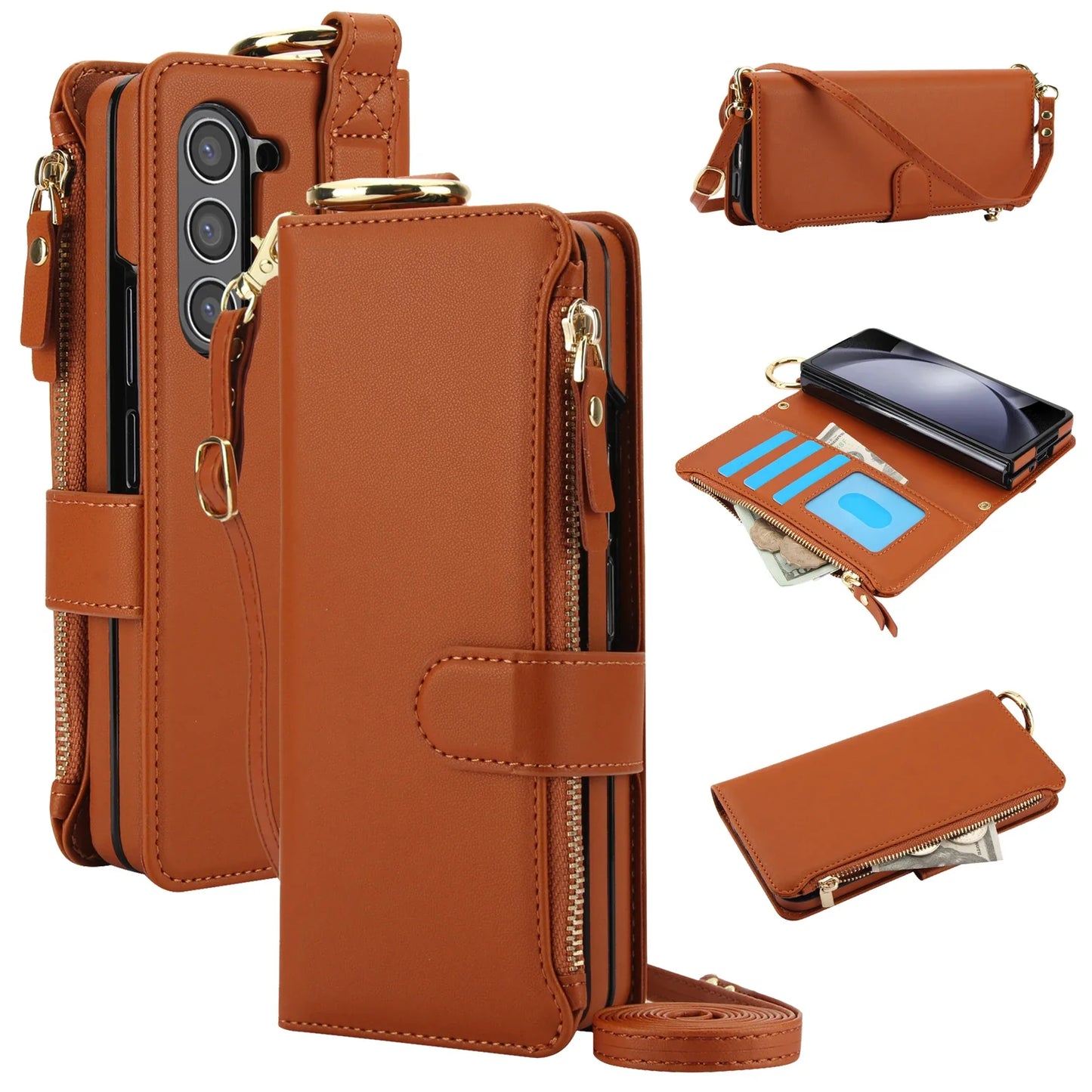 Crossbody Leather Wallet Case with Card Slots, Zipper & Kickstand for Samsung Galaxy Z Fold 3/4/5/6 – Wristband & Ring Holder