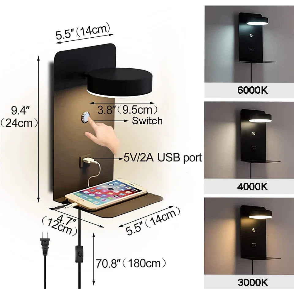 Modern LED Wall Lamp with Switch and USB Charging Port | 9W Black White Art Lighting for Aisle, Bedroom, and Bedside | Decoration Wall Lights