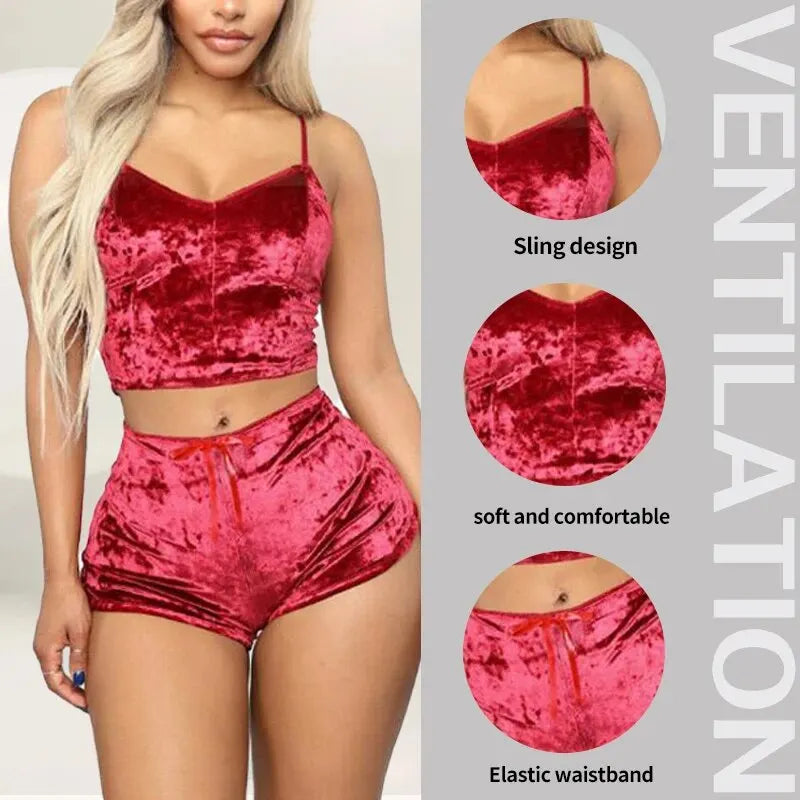 Women's Sexy Strappy Pajama Set: Velvet Polyester Comfortable V-neck Underwear - 2 Piece Sleeveless Home Clothes