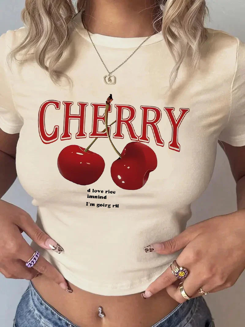 Women’s Y2K Cherry Print Crop T-Shirt – Crew Neck Short Sleeve Tight Fit Summer Fashion Top