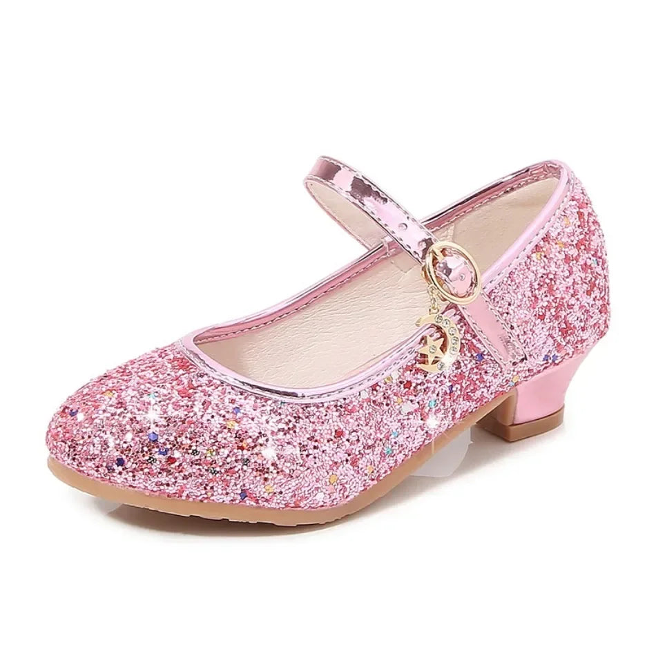 Girls Glitter Crystal High Heel Sandals - Buckle Princess Dance & Performance Shoes