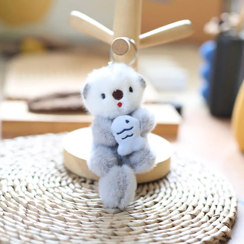 Cute Otter Plush Keychain - Otters Holding Fish Pendant for Backpack, Bag & Wallet Decor