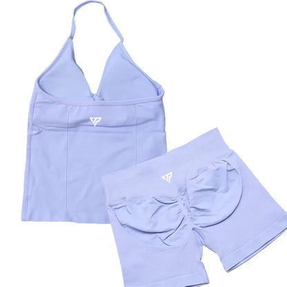 Women’s 2-Piece Yoga Set – Seamless Gym Outfit with Shorts & Lace-Up Sports Bra, High Quality Fitness Activewear Set