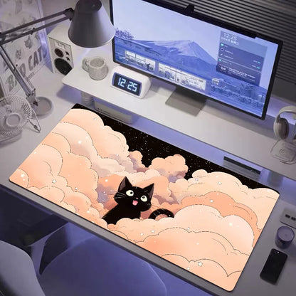 Kawaii Black Cat XXL Mouse Pad — Green Plants Anime Desk Mat for PC Gaming & Keyboard Accessories