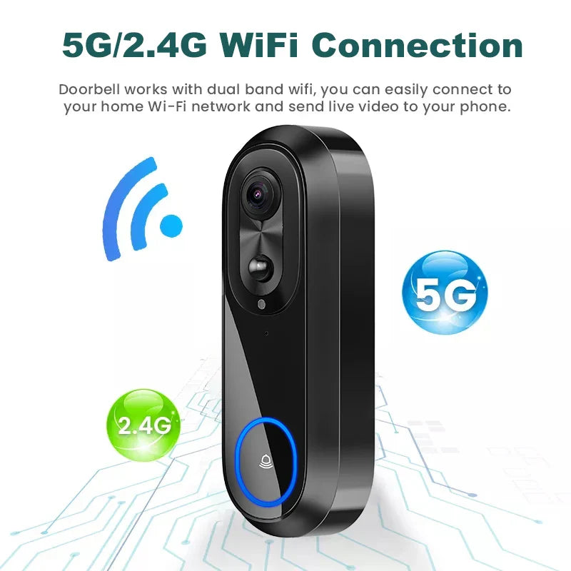 5G/2.4G WiFi 1080P Wireless Video Doorbell — Tuya App Smart Intercom, IP65 Waterproof, 7000mAh Battery