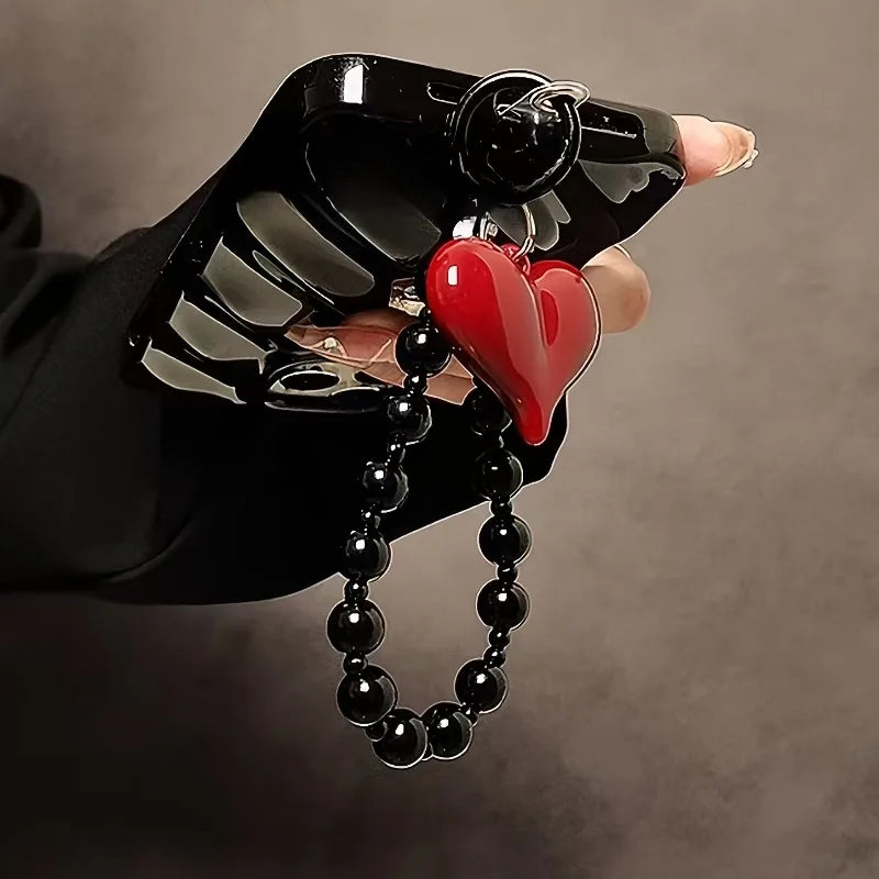 Red 3D Love Heart Beaded Phone Strap - Handmade Phone Charm Lanyard & Mobile Jewelry Gift