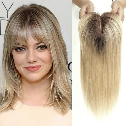10" Brown Ombre Remy Human Hair Topper – Straight with Bangs, Silk Base, Clip-In Extension for Women