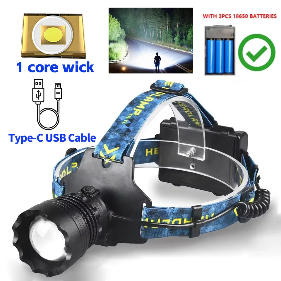 Super Bright 4-LED Zoom Headlamp – Long Range Powerful Spotlight Headlight Flashlight for Outdoor Fishing, Camping & Night Use