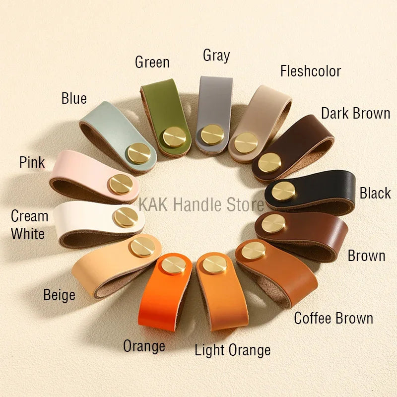 KAK Cowhide Leather Cabinet Handles – Nordic Style Furniture Pulls for Kids Room, Brass & Copper Kitchen Drawer Knobs, Door Hardware