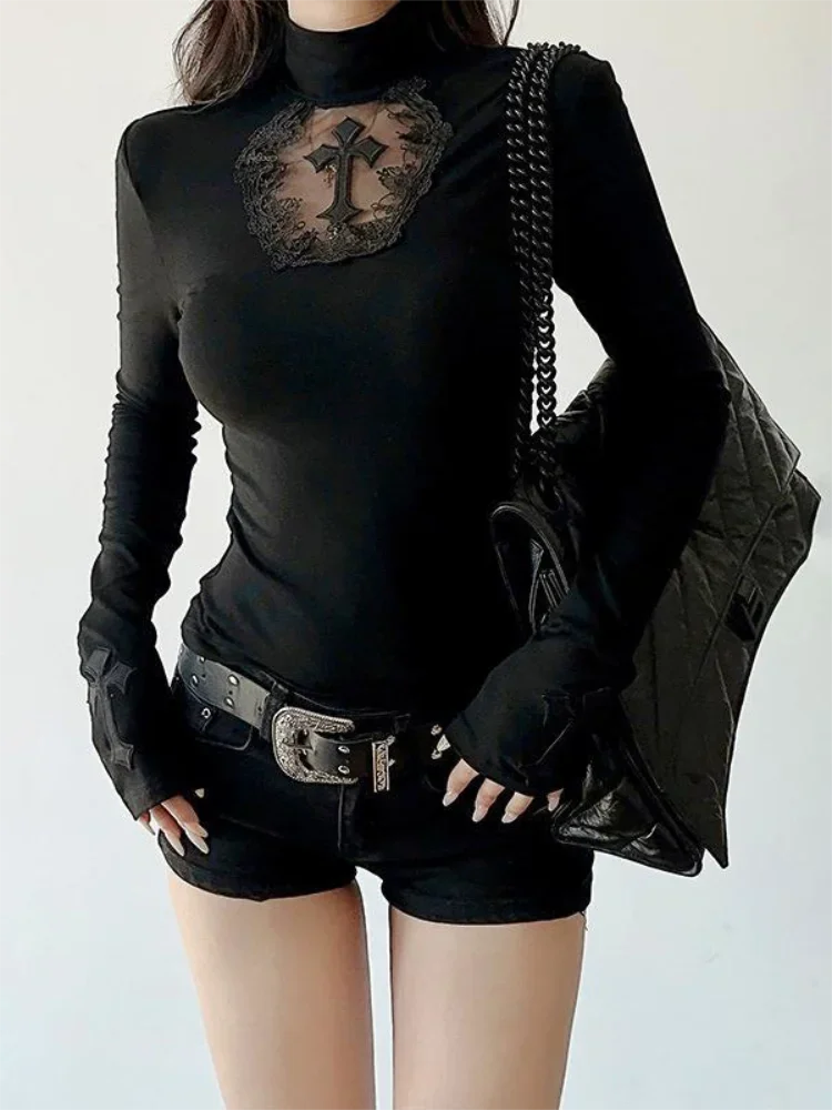 Y2K Black Gothic Turtleneck Top – Hollow Cross Slim Long-Sleeve T-Shirt for Women