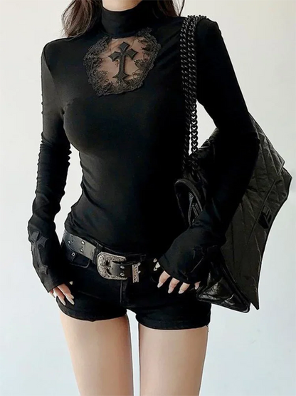 Y2K Black Gothic Turtleneck Top – Hollow Cross Slim Long-Sleeve T-Shirt for Women