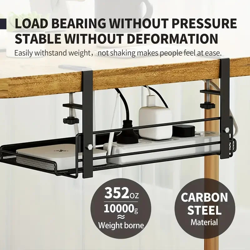 Under Table Storage Rack – Metal Cable Organizer & Office Supplies Holder, Sturdy Durable Plug-in Desk Storage Solution