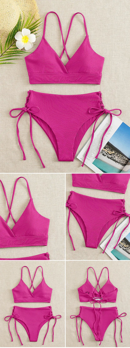Cikini V-Neck Split Bikini Set – Sexy Lace-Up Triangular Solid Color Swimwear for Women