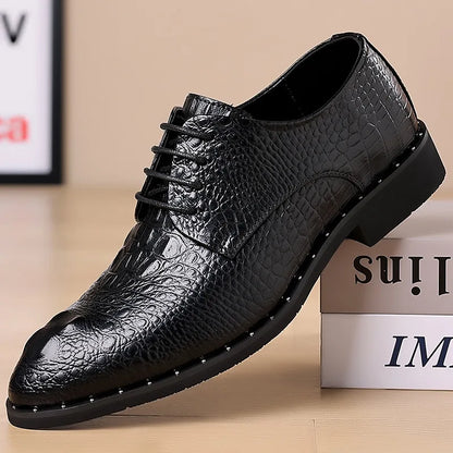 Men’s Genuine Leather Crocodile Pattern Oxford Shoes - Luxury Lace-Up Wedding Party Business Office Dress Shoes
