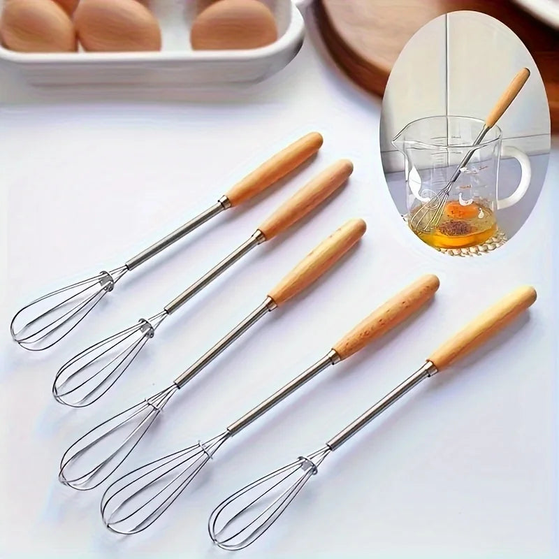 Mini Stainless Steel Whisk — Egg Beater and Milk Frother with Solid Wood Handle for Blending and Beating