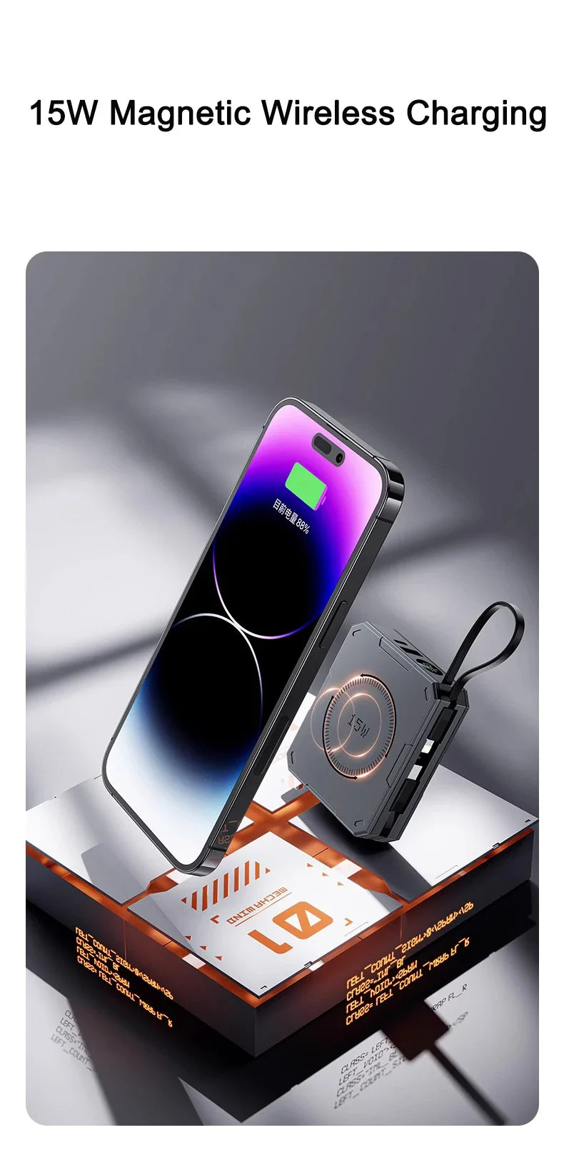 10000mAh Magnetic Wireless Power Bank - 22.5W Fast Charging, Portable Mini External Battery Charger with Cable for Xiaomi