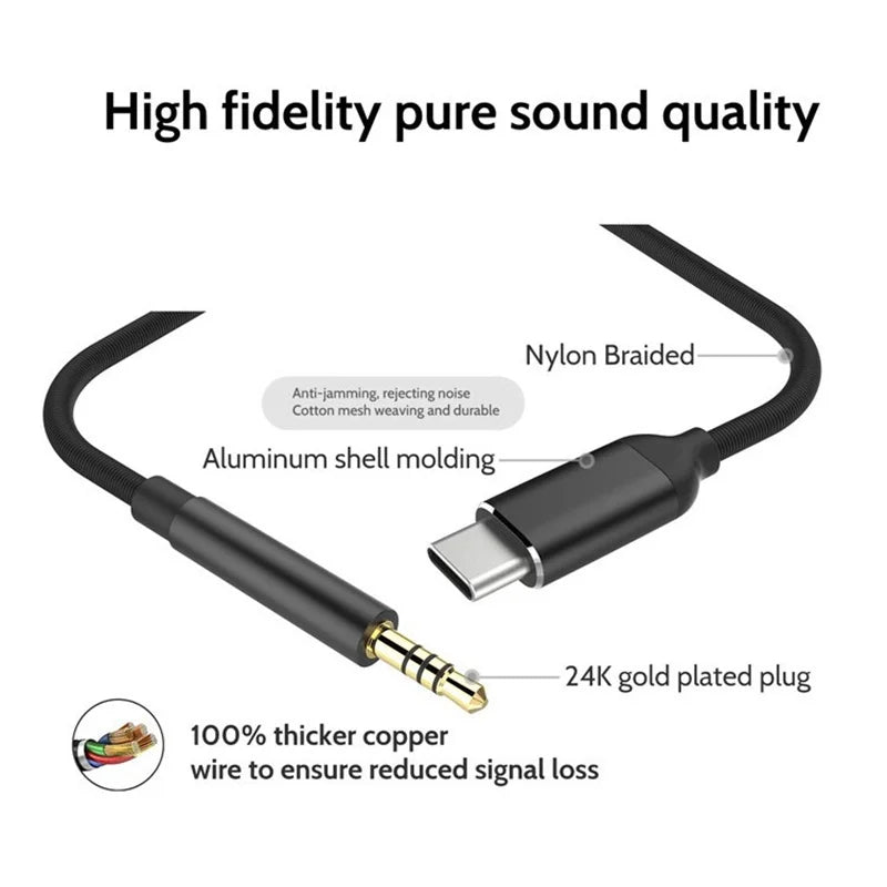 USB-C to 3.5mm Aux Audio Cable — Headphone & Speaker Adapter for Samsung S20/S21/Note 20/Tab S7