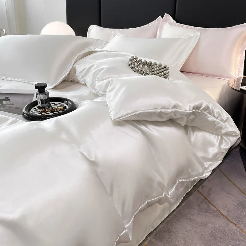 Nordic Satin Silk Bedding Set – Luxury Duvet Cover, Bed Sheet & Pillowcases for Single, Double & Couple Beds
