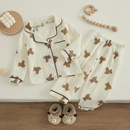 VISgogo Kids Unisex Cotton Linen Pajama Set - Bear Print Long Sleeve Top & Pants, Casual Spring Outfit
