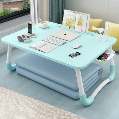 Foldable Laptop Desk for Bed & Sofa – Portable Lap Table with Cup, Book Holder, Drawer, and USB Slot