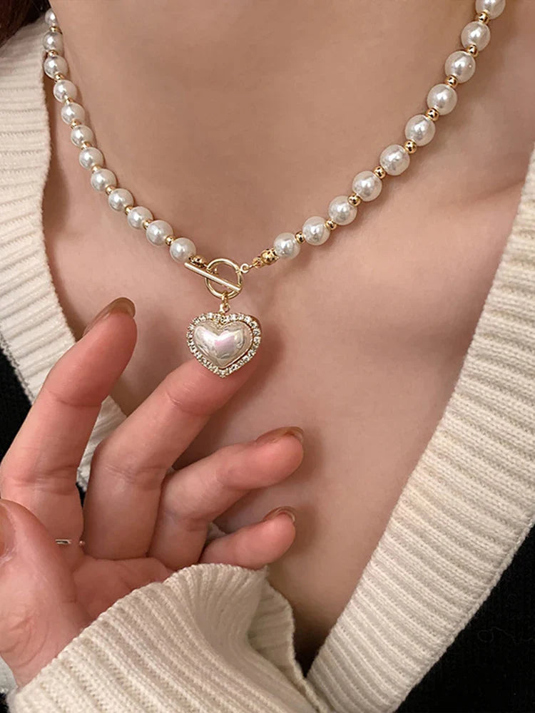 Elegant Pearl Necklace for Women – Heart Pendant Luxury Imitation Pearls Chain, Korean Jewelry Gift for Girls