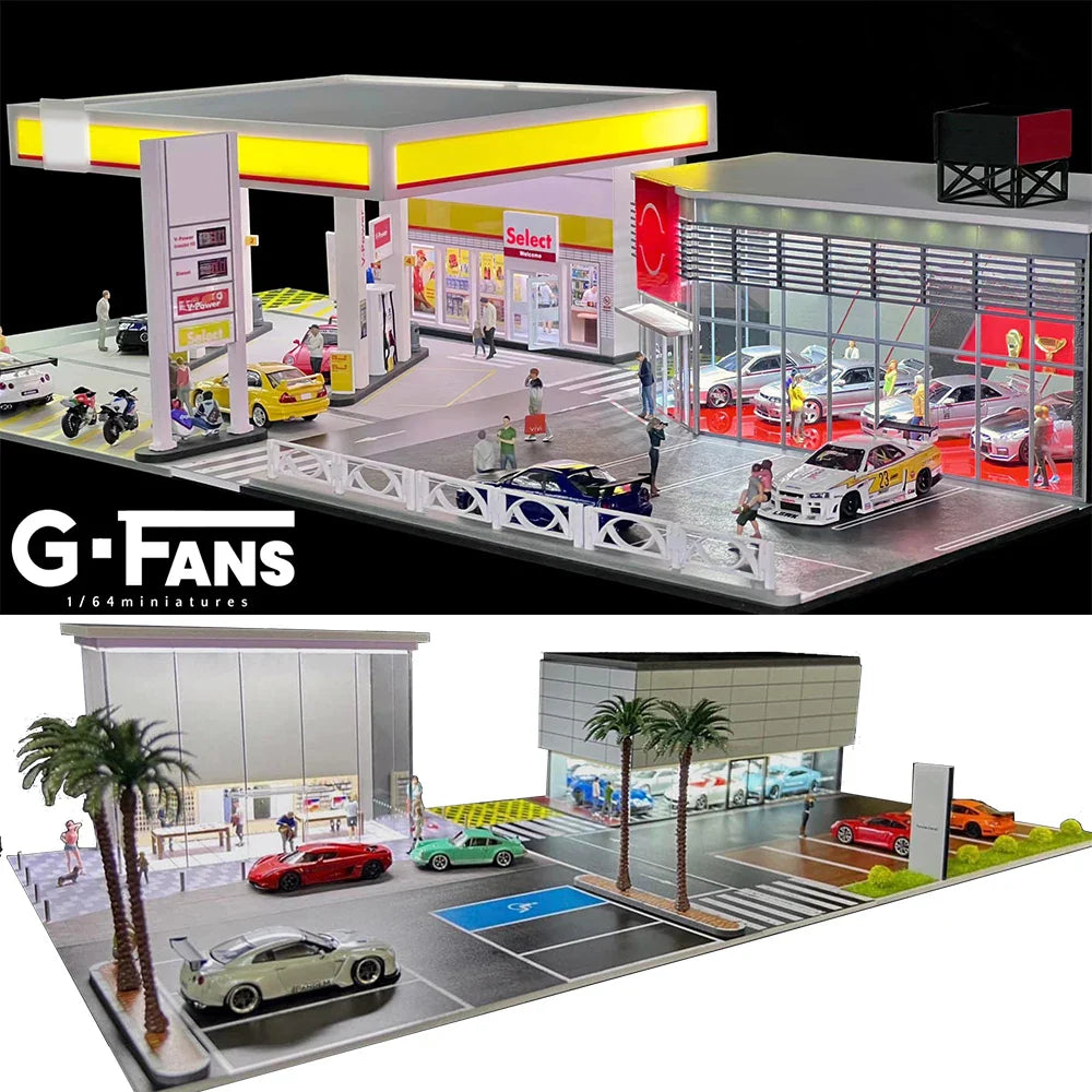 GFans 1:64 Scale Diorama Car Garage Model – LED Lighted Parking Lot DIY City Set for Collection & Display Gifts