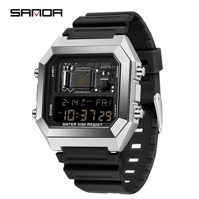 SANDA 6216 Men's Digital Sport Watch - Square LED Display, Waterproof Alarm & Stopwatch