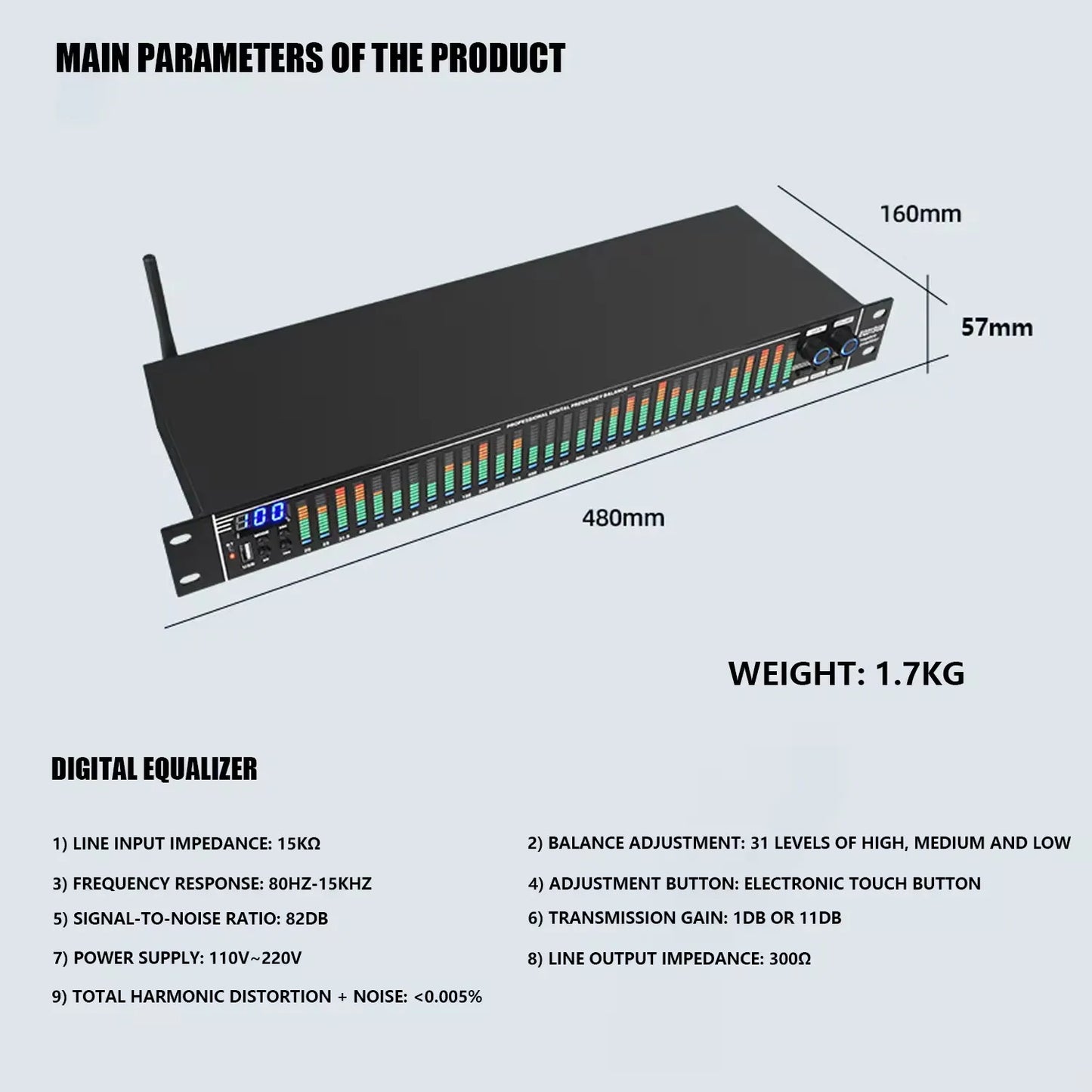 EQ31SUB Digital Equalizer - 31 Stage Tuner for Professional Stage Performance & Noise Reduction