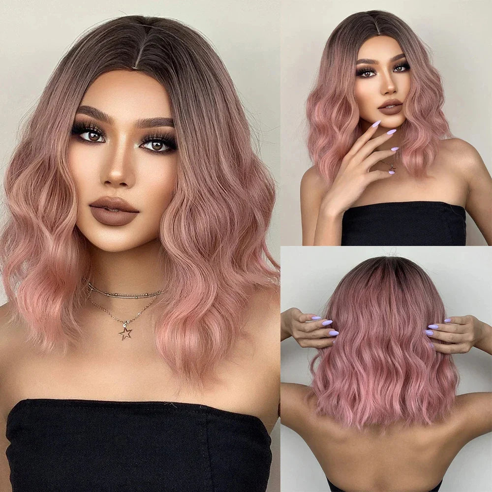 CharmSource Pink BOBO Short Synthetic Wig – Natural Wavy Heat Resistant Hair Wig for Women, Party & Daily Wear