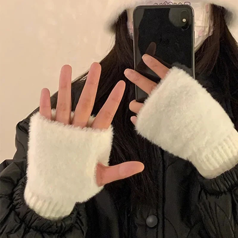 Stay Cozy in Luxury: Women's Mink Fleece Half Finger Gloves - Soft Winter Warmth in Solid White, Plush Knitted Fingerless Design for Comfort