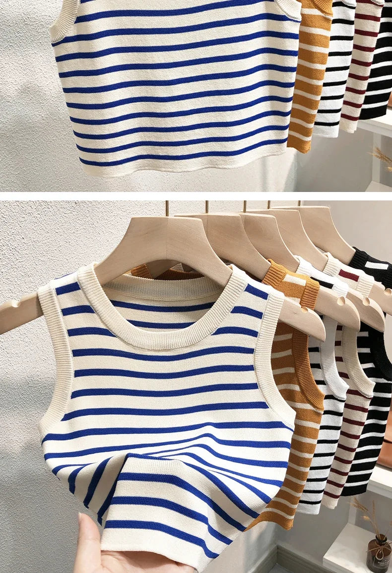 Women's Striped Sleeveless Tank Top — Knitted Crop Summer & Spring Casual Slim Fit Vest Camis