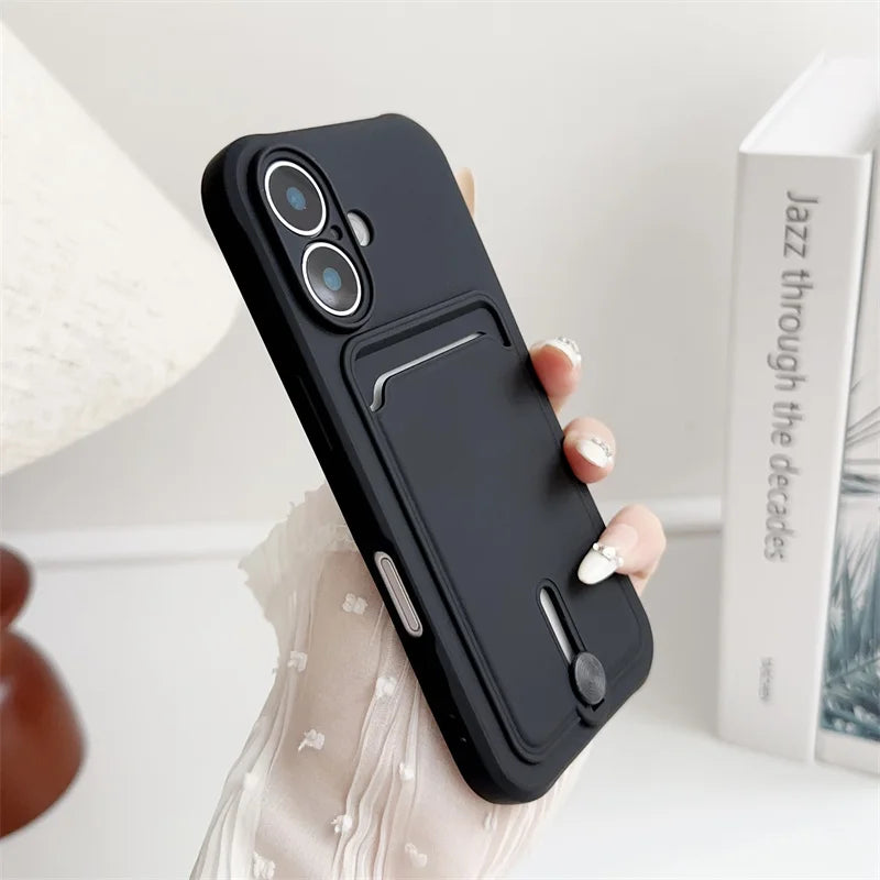 Luxury Silicone Card Holder Wallet Case for iPhone – Shockproof Camera Protection Cover for iPhone 16/15/14/13/12/11 Pro Max, XR, XS, X, 8 & 7 Plus