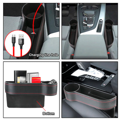 Car Seat Gap Organizer – Leather Auto Crevice Storage Box with Cup & Phone Holder, USB Option