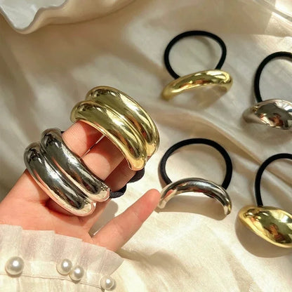 3PCS Geometric Hair Ties — Elastic Rubber Bands with Gold & Silver Metal Charms, Hair Cuffs for Women & Girls Accessories