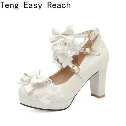 Women’s Cross Strap Mary Jane High Heels – Party, Wedding, Cosplay Lolita Pumps in White, Pink, Black, Strawberry Bow 2025