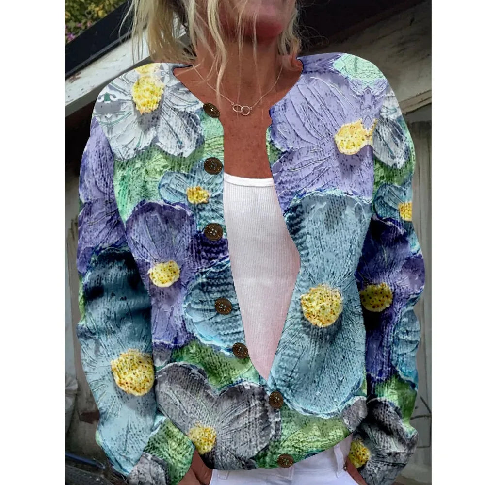 Women’s 3D Print Knitted Cardigan – Thin Vintage Sweater Autumn Winter Chic Knit Top Casual Streetwear