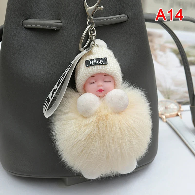 Pompom Sleeping Baby Keychain - Fluffy Plush Doll Keyring for Bags, Cars & Gift Decoration