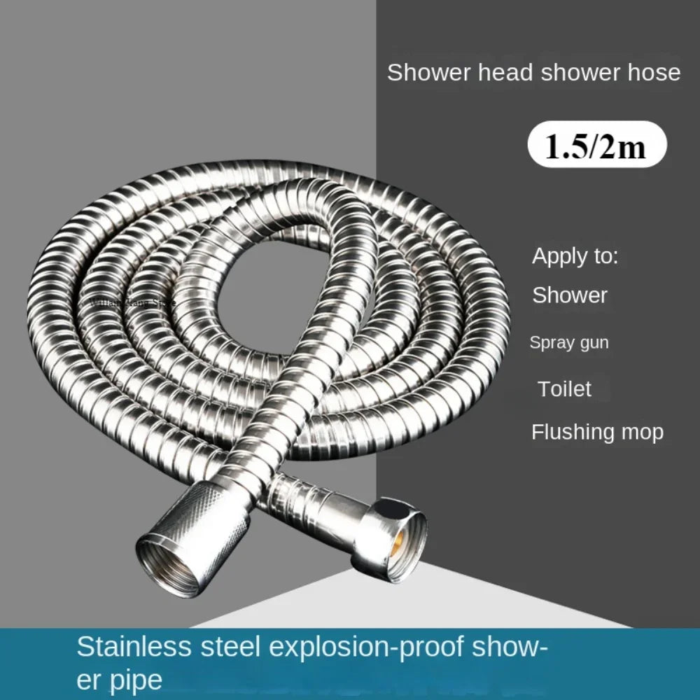 Flexible Shower Hose 1.5/2M — Black/Silver Stainless Steel Bathroom Extension Pipe and Accessories