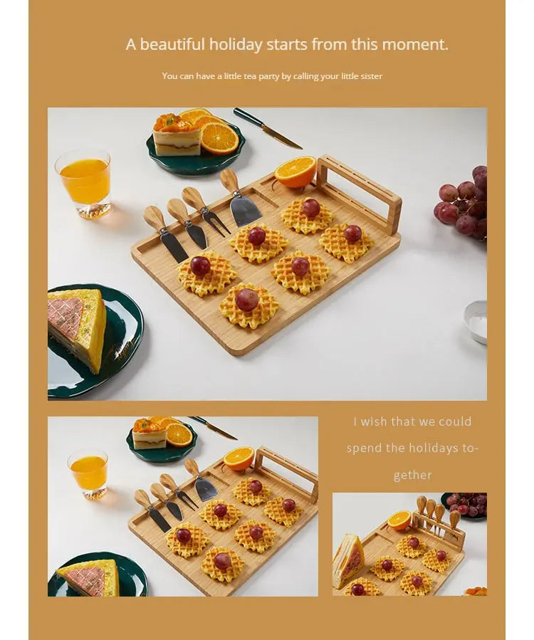 Bamboo Cheese Board Set – Square Wooden Board with Knife Holder, 4 Stainless Steel Knives & Dessert Plate